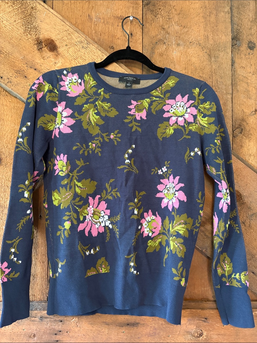 Ann Taylor Navy Crewneck Sweater Pink Floral Print Petite SP Viscose Blend